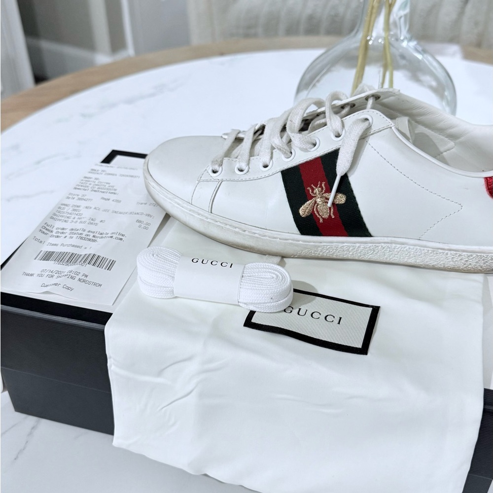 Gucci White Sneakers with Green and Red Accents